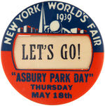 "'ASBURY PARK DAY'" RARE 1939 NEW YORK WORLD'S FAIR BUTTON.