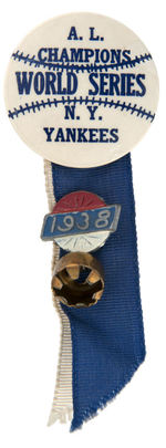 “A.L. CHAMPIONS/WORLD SERIES/N.Y. YANKEES” BUTTON WITH ATTACHMENTS.