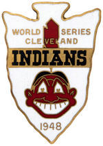 "WORLD SERIES/CLEVELAND/INDIANS/1948" ARROWHEAD SHAPED PRESS BADGE.