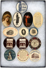 FOURTEEN PLUS DUPLICATE EARLY 1900s POCKET MIRRORS PROMOTING CLOTHING AND STORES.