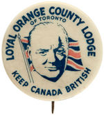 "WINSTON CHURCHILL PICTURED ON "KEEP CANADA BRITISH" RARE BUTTON.