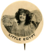 PROBABLE 1ST EVER MOVIE PROMOTION BUTTON C. 1897 AND SHOWING “LITTLE EGYPT”.