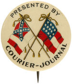 CONFEDERATE FLAGS BUTTON ISSUED BY NEWSPAPER LIKELY GIVEN AT A CONFEDERATE VETERANS REUNION EVENT.
