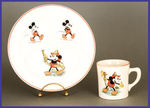 MICKEY MUG AND BABY'S PLATE, LIKELY BASED ON THE 1935 CARTOON MICKEY'S FIRE BRIGADE.