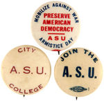 FIVE PRE-PEARL HARBOR AMERICAN STUDENT UNION BUTTONS PLUS ONE REFERENCING "MOBILIZE AGAINST WAR."