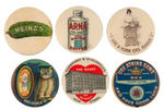 SIX GRAPHIC ADVERTISING BUTTONS 1896-1912.