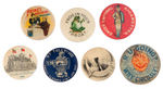 SEVEN GRAPHIC AND EARLY ADVERTISING BUTTONS 1896-C. 1910.