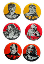 "FAMOUS MONSTERS BUTTONS" SET WITH VENDING MACHINE DISPLAY CARD.