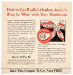 "RADIO'S LITTLE ORPHAN ANNIE FLYING W" BANDANNA W/EXPLANATION CARD AND RING.