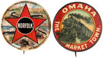 BEAUTIFUL PAIR OF CITY PROMOTIONAL BUTTONS FEATURING RAILROADS.