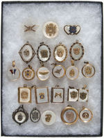 WWII ERA COLLECTION OF 23 MOTHER OF PEARL PINS, LOCKETS & PENDANTS.