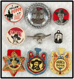 HOPALONG CASSIDY NINE ITEMS INCLUDING BUTTONS, CHARM, TAB AND OTHERS.