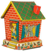 TIN HOUSE BANK W/ANIMALS WEARING CLOTHES