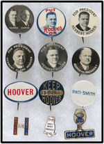 HOOVER NINE BUTTONS, TWO ENAMEL PINS AND AN EARLY TAB.