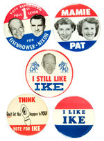 EISENHOWER FIVE LARGE BUTTONS INCLUDING JUGATE FOR "IKE/NIXON" AND JUGATE FOR "MAMIE/PAT."