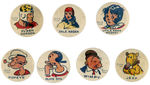 KING FEATURES SYNDICATE 1930s BUTTON SET WITH FLASH GORDON AND POPEYE CHARACTERS PLUS ANNIE ROONEY.