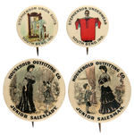 FOUR EARLY AND GRAPHIC ADVERTISING BUTTONS WITH THREE OF THEM FROM CPB.