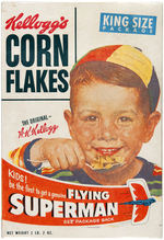 KELLOGG'S CORN FLAKES CEREAL BOX WITH "FLYING SUPERMAN" PREMIUM.