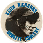 "KEITH RICHARDS BENEFIT CONCERT" SCARCE 1970s PORTRAIT BUTTON.