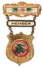 BEAUTIFUL CELLULOID AND BRASS PLATED BADGE "BROTHERHOOD OF LOCOMOTIVE FIREMEN AND ENGINEMEN."