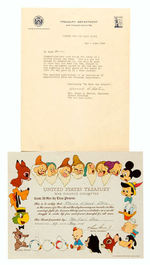 WALT DISNEY WAR BOND CERTIFICATE W/LETTER.