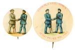 CIVIL WAR VETERANS, EACH AN AMPUTEE, SHAKE HANDS BUTTON PAIR FROM POTTER COLLECTION.