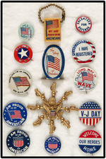 WWII ELEVEN PATRIOTIC BUTTONS AND THREE MISCELLANEOUS ITEMS.