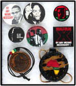 MALCOLM X SIX BUTTONS SPANNING 1986-1993 PLUS PAIR OF NECK CORDS WITH PENDANTS.