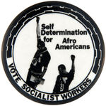 "VOTE SOCIALIST WORKERS" BUTTON SHOWING 1968 OLYMPIANS ON MEDAL STAND GIVING BLACK POWER SALUTE.