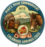 BEAUTIFUL FRATERNAL BUTTON FROM "PIKE'S PEAK COMMANDERY" PICTURING MOUNTAINTOP, INDIAN AND BURRO.