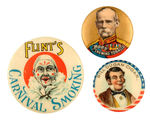 THREE GRAPHIC TOBACCO AD BUTTONS CIRCA 1900 INCLUDING LORD ROBERTS OF BOER WAR FAME.