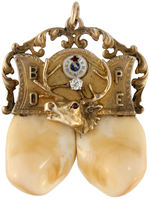 ELKS WATCH CHAIN CHARMS EXCEPTIONALLY LARGE TEETH IN 10K GOLD MOUNTS.