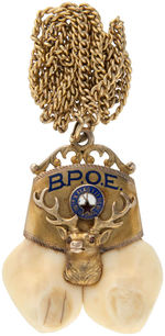 ELKS WATCH CHAIN CHARMS EXCEPTIONALLY LARGE TEETH IN 10K GOLD MOUNTS.