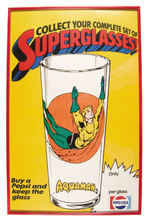 DC SUPER HERO "SUPERGLASSES!" PEPSI GLASSES, SIGN AND GLASS LOT.