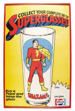 DC SUPER HERO "SUPERGLASSES!" PEPSI GLASSES, SIGN AND GLASS LOT.