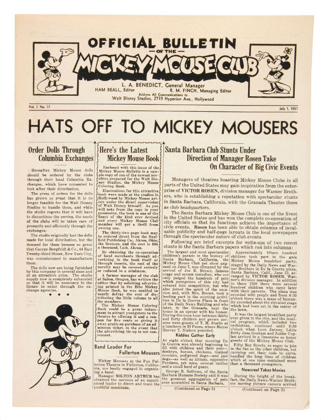 Hake's - “OFFICIAL BULLETIN OF THE MICKEY MOUSE CLUB” VOL. 1 NO