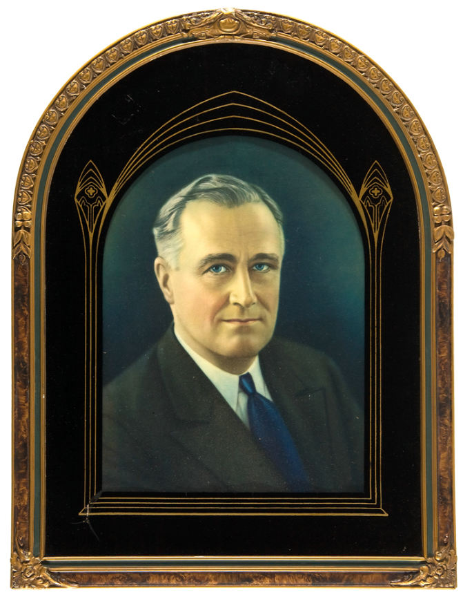 Hake's - FDR COLOR IMAGE IN FANCY CURVED GLASS FRAME.