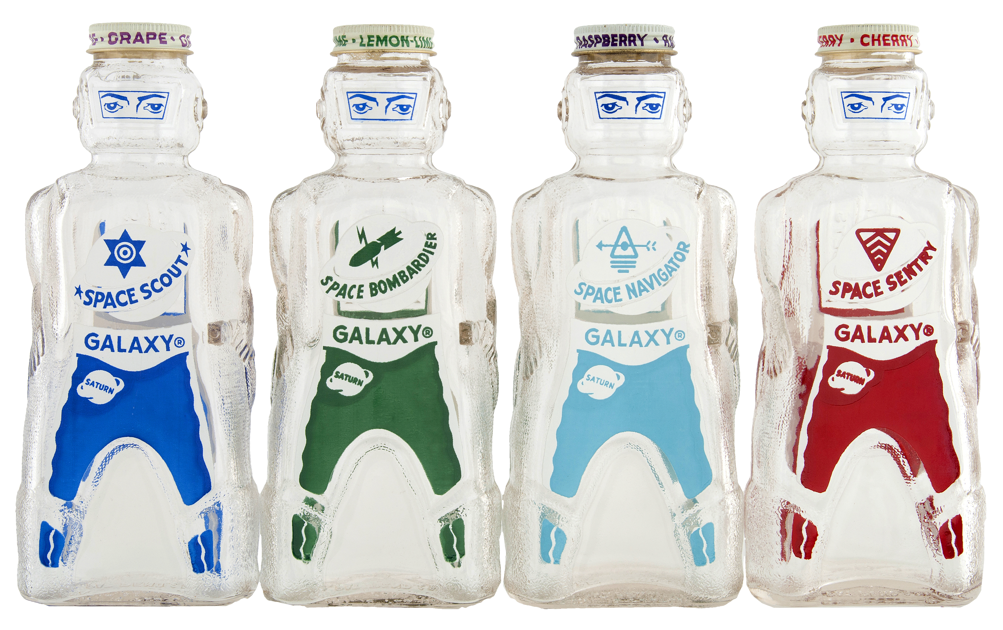 Hake's - “GALAXY” SPACEMEN SYRUP BOTTLES WITH SHIPPING CARTON.