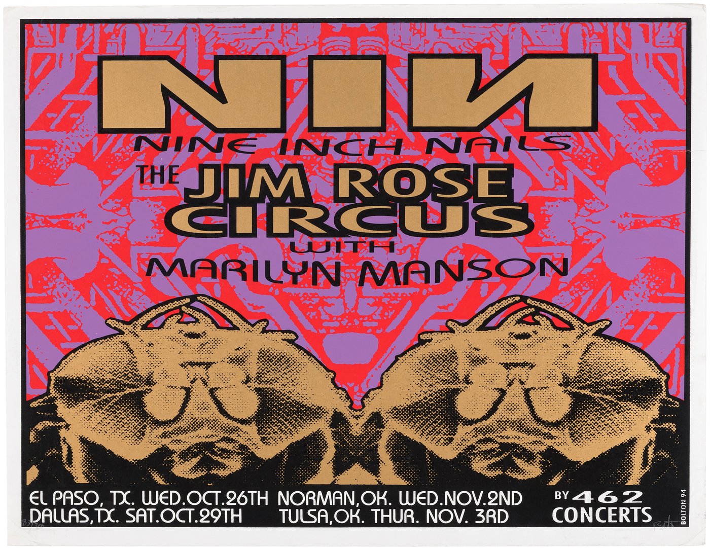 Hake's - NINE INCH NAILS, JIM ROSE CIRCUS AND MARILYN MASON 1994 REGIONAL  TOUR CONCERT POSTER.