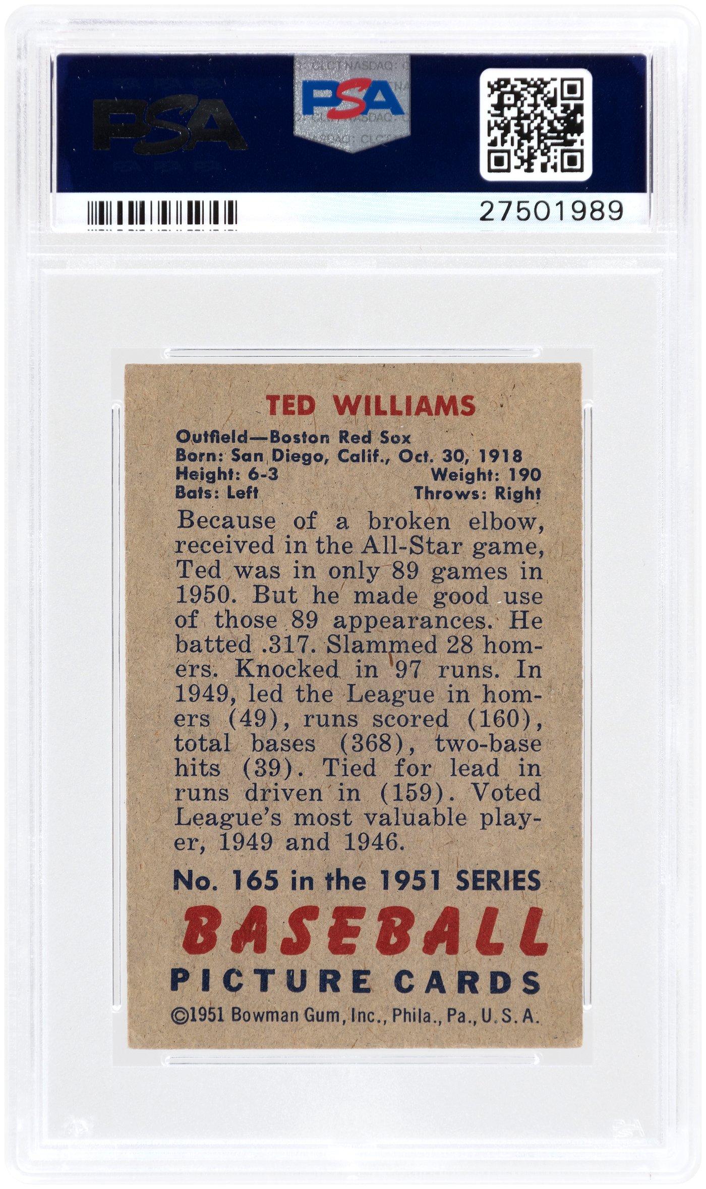 1958 Topps #485 Ted Williams All-Star Sport Magazine PSA 1 Graded Baseball  Card