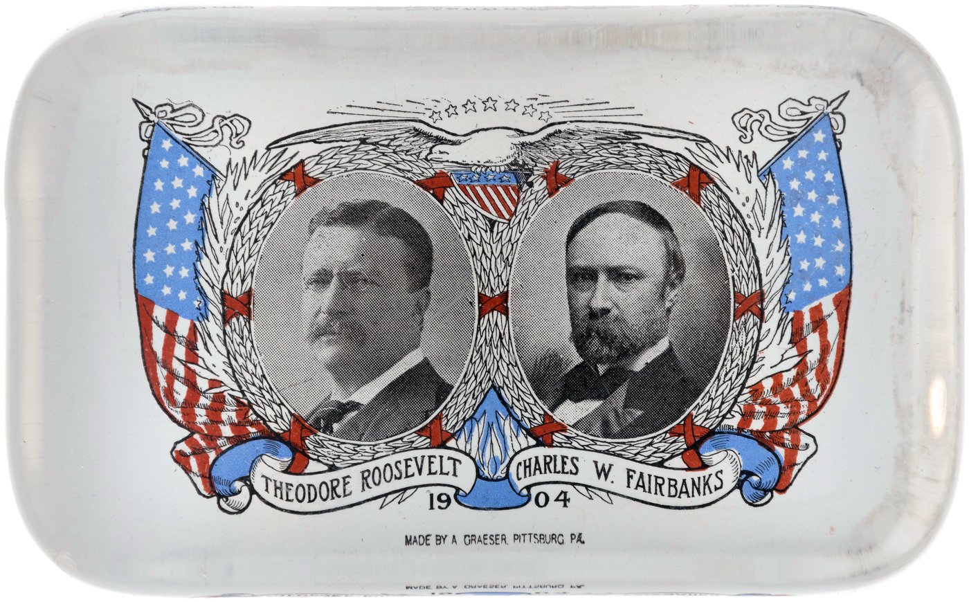 Hake's - SUPERLATIVE ROOSEVELT/FAIRBANKS PATRIOTIC 1904 JUGATE PAPERWEIGHT.