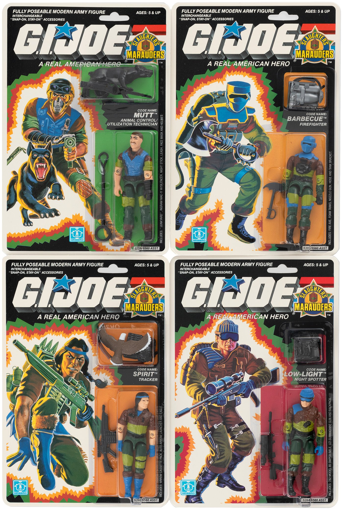 Hake's - G.I. JOE SLAUGHTER'S MARAUDERS SET OF SIX FIGURES ON CARDS.