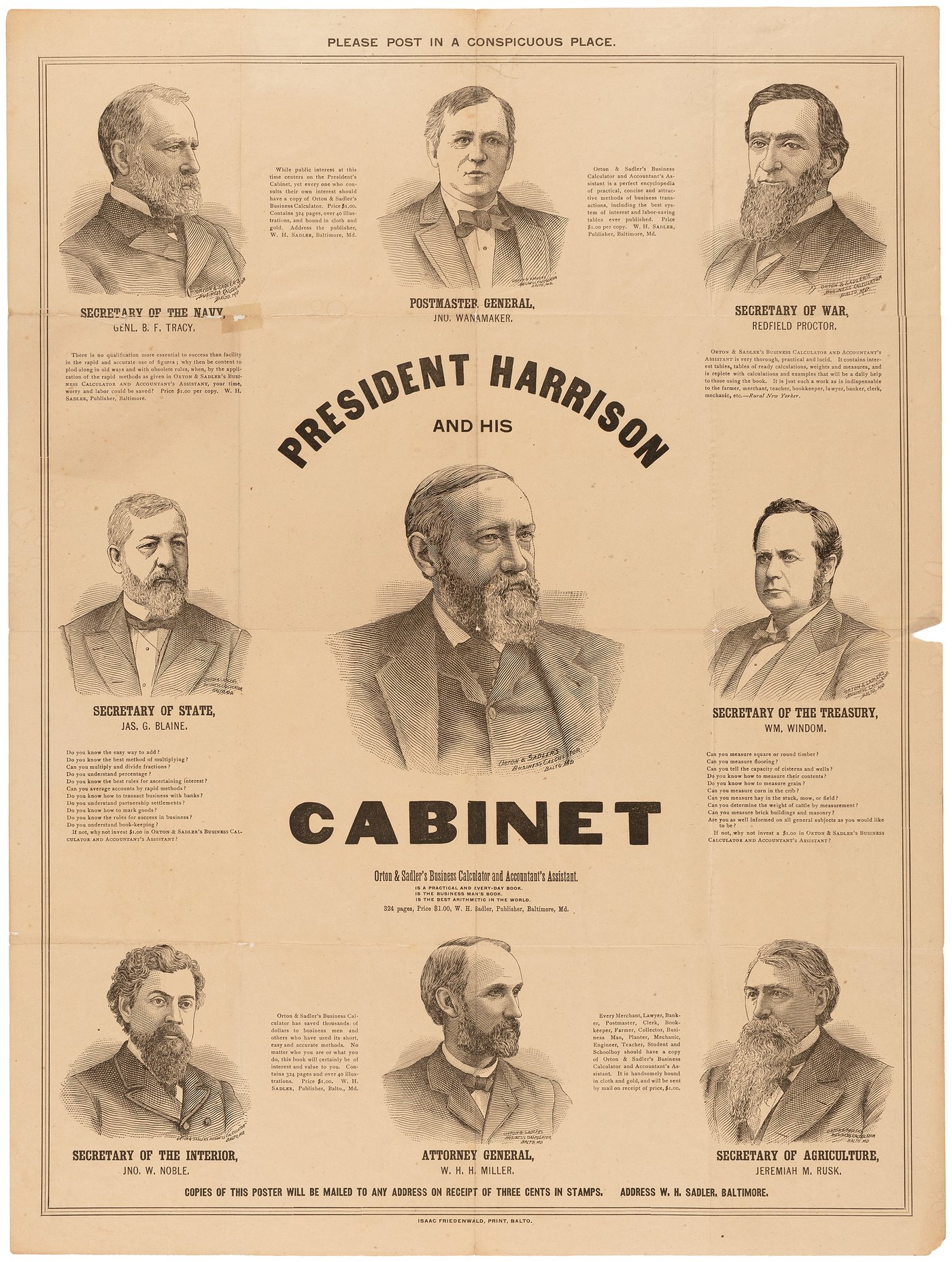 Hake's - "PRESIDENT HARRISON AND HIS CABINET" ADVERTISING POSTER.