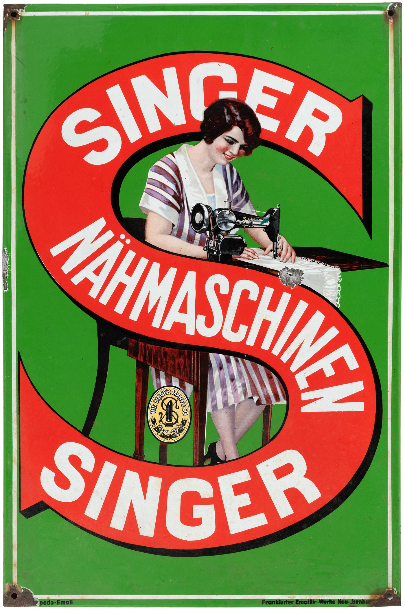 Hake's - SINGER SEWING MACHINES GERMAN PORCELAIN ADVERTISING SIGN.