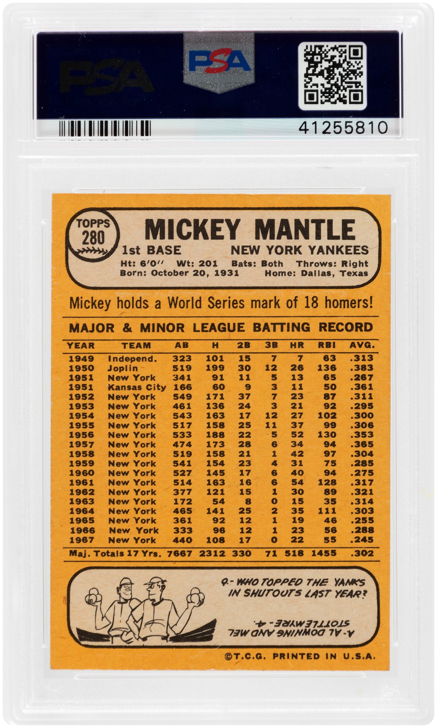 1968 Topps # 280 Mickey Mantle New York Yankees (Baseball Card) PSA 7 - NM  Yankees