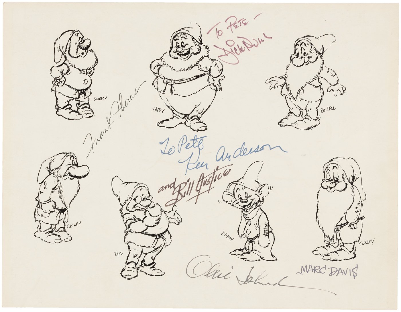 Hake's - SEVEN DWARFS PRINT SIGNED BY SIX EARLY DISNEY ANIMATORS.