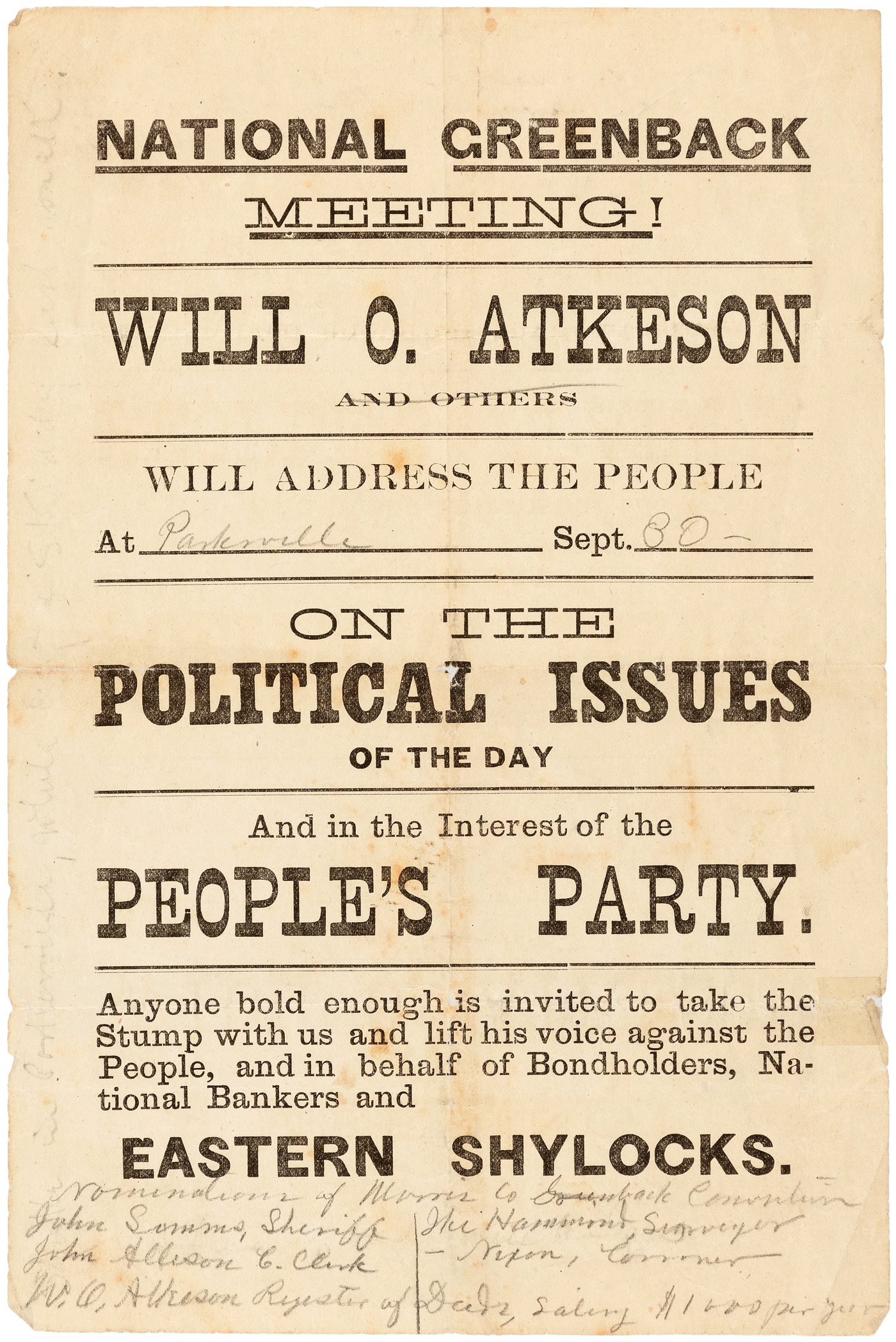 Hake's - RARE SEYMOUR GREENBACK AND PEOPLE'S PARTY HANDBILLS.