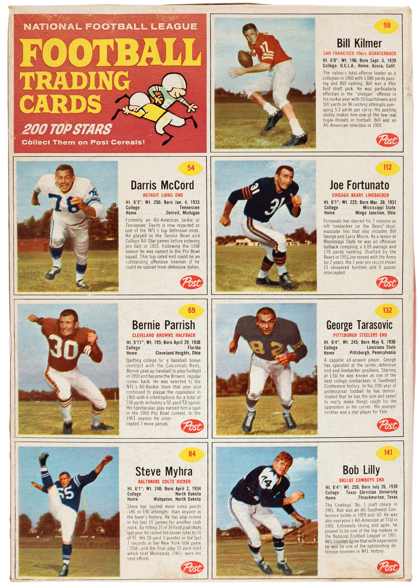 1962 post cereal (Football) Card# 112 Joe Fortunato of the Chicago