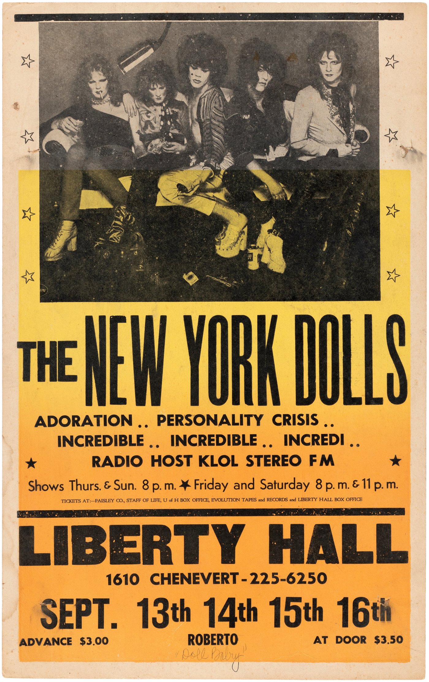 Hake's - RARE THE NEW YORK DOLLS 1974 HOUSTON, TEXAS CONCERT POSTER.