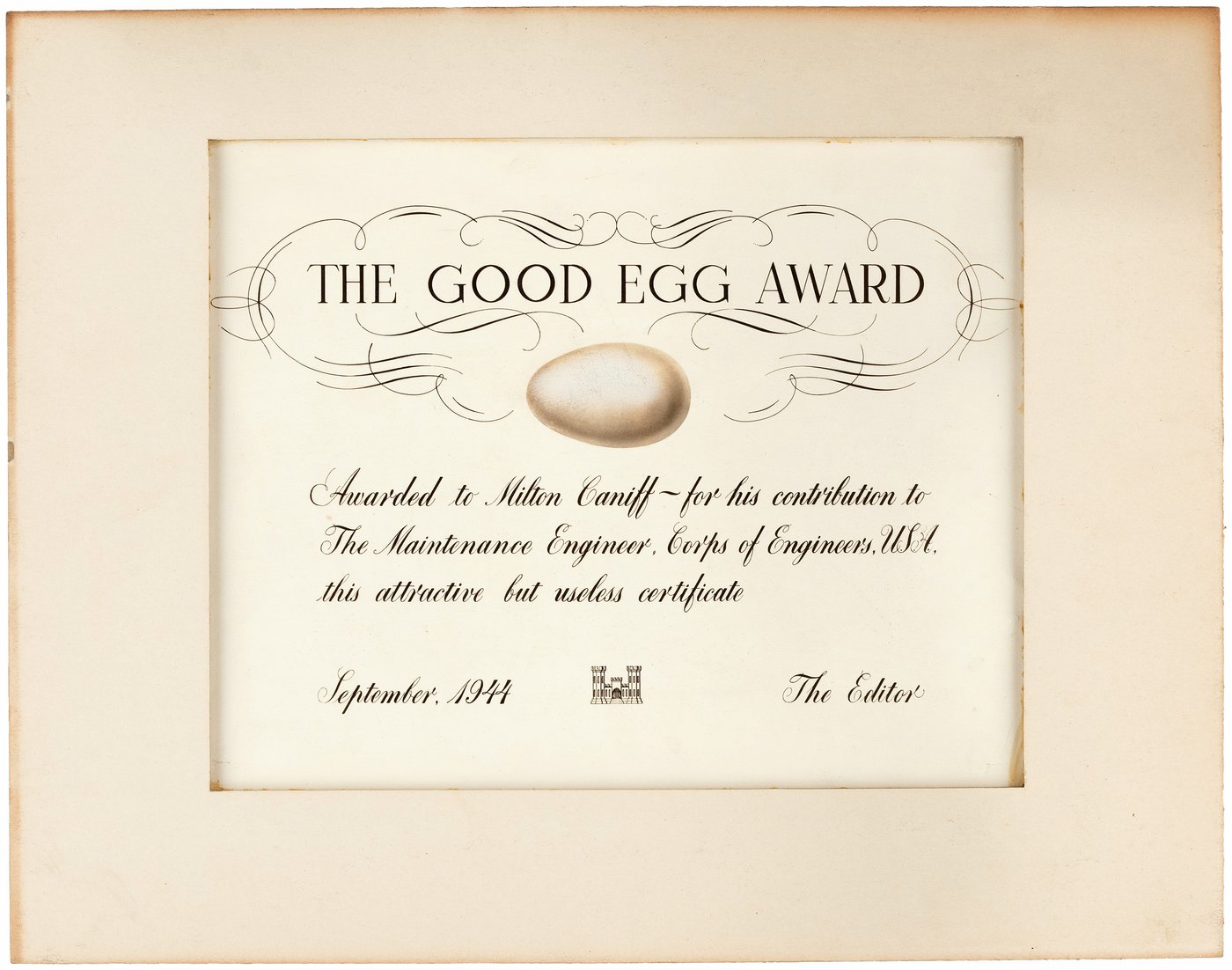 Hake's - MILTON CANIFF WORLD WAR II "THE GOOD EGG AWARD."